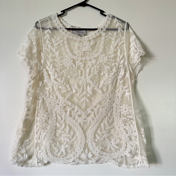 Emerson Tops - Bohemian Summer Style Cream Sheer Lace Top- Size 12 - Women’s Top- Short sleeves